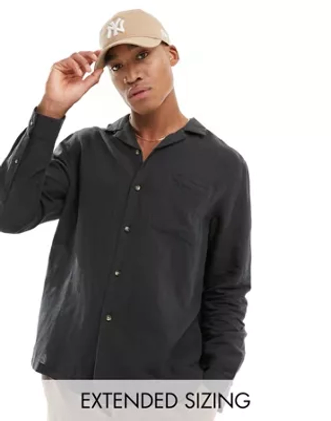 ASOS DESIGN relaxed revere shirt in linen mixed with patched pocket in black