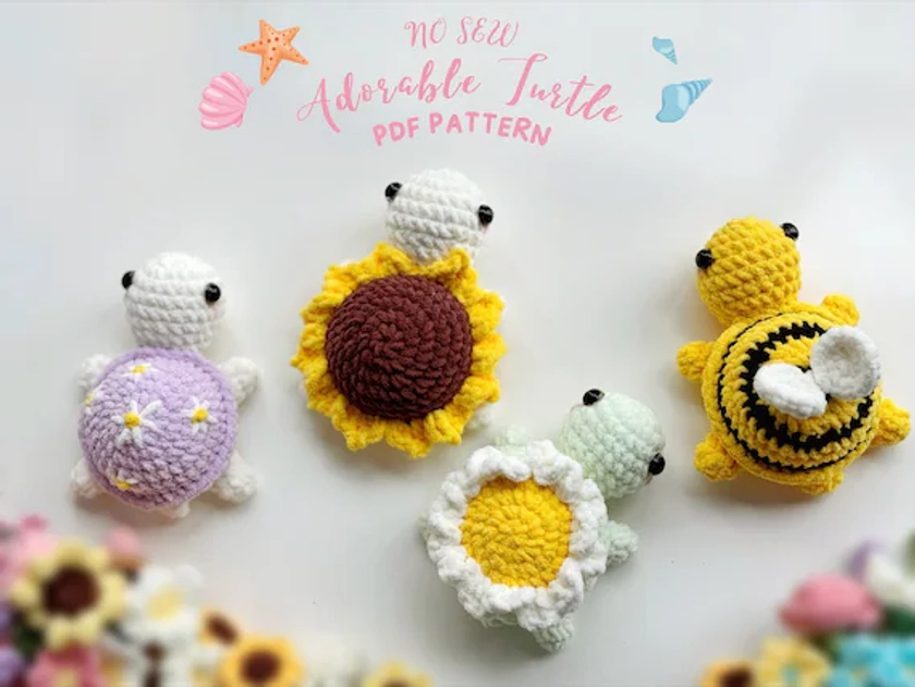 Turtle No Sew Crochet Pattern, Bumble Bee Turtle Pattern, Daisy Turtle Crochet, Sunflower Turtle Crochet, Combo Turtle Patterns