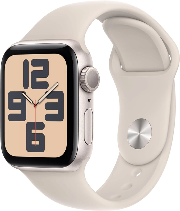 Apple Watch SE (2ᵉ génération, 2023) (40 mm GPS) Smartwatch avec boîtier en Aluminium et Bracelet Sport lumière stellaire - S/M. Suivi de l’activité Physique et du Sommeil, détection des Accidents