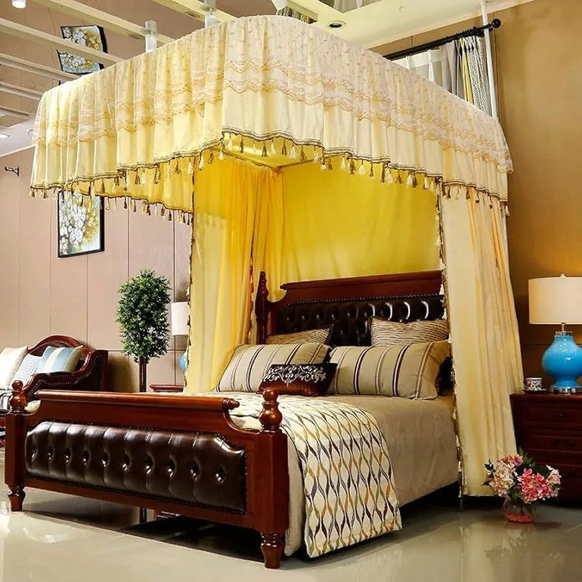 Elegant Bed Canopy Curtains Set, Privacy Bed Canopy with U-Shaped Stainless Steel Frame, Bedroom Canopy Curtains, Bedroom Decoration(Yellow,W53x L78.7in)