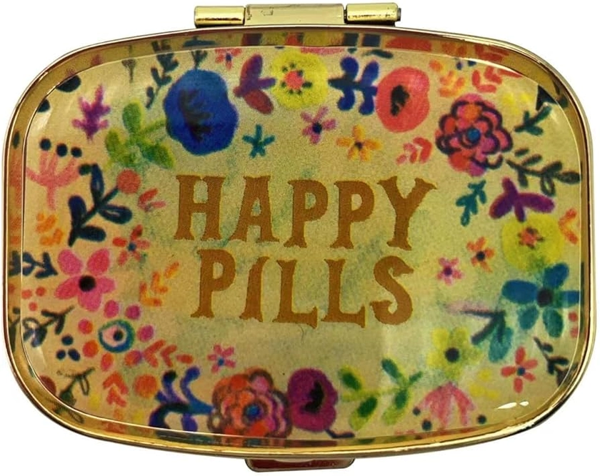 AmyZone Metal Pill Organizer Travel Friendly Portable Compact Pill Box Cute Pill Case to Hold Vitamins/Tylenol/Fish Oil/Supplements/Meds/Tablet for Purse/Pocket(Happy Pills)
