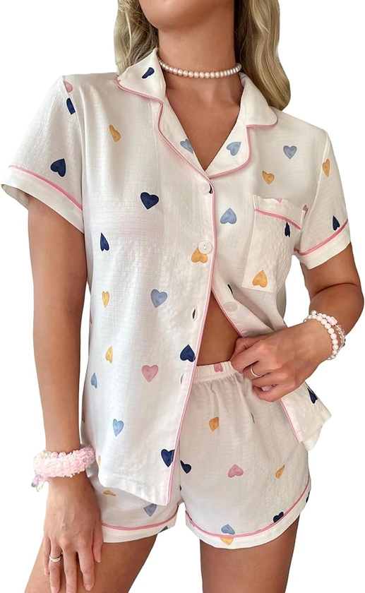 Amazon.com: Verdusa Women's 2 Piece Printed Lounge PJ Sets Sleepwear Button Up Shirt with Shorts Heart Beige Small : Clothing, Shoes & Jewelry