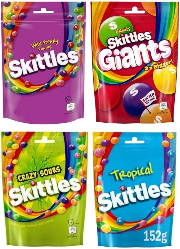 Assorted Sweet Skittles Fruit Flavoured Sharing Pouch - Skittles Wild Berry 136g, Fruits Giants 132g, Crazy Sours 136g, Skittles Tropical 152g (4 Packs) : Amazon.co.uk: Grocery