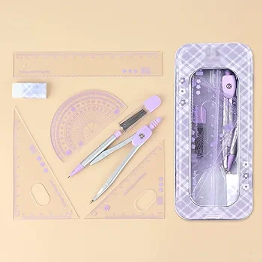 Millya 8PCS Students Compass Set with Protractor Rulers Math Geometry Drawing Set School Supplies (F-Purple)