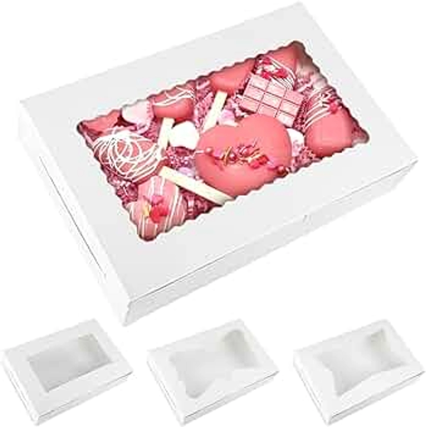 Moretoes 48pcs Bakery Boxes,12x8x2.5 Inches Cookie Boxes with 3 Style Window for Chocolate Covered Strawberries, Desserts, Cookies with 4pcs Stickers