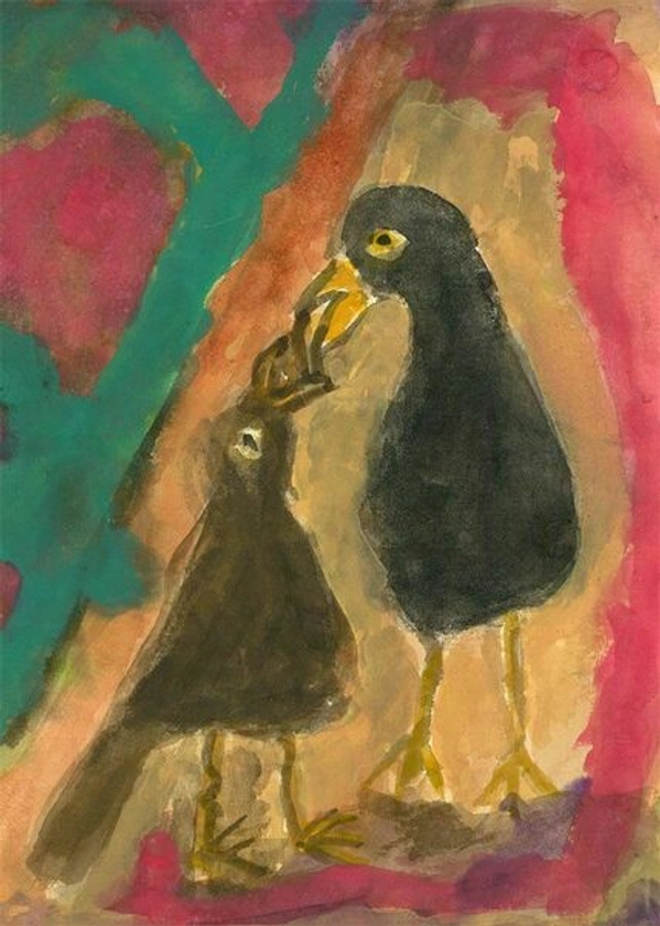 Michael Davies (B.1947)   Contemporary Watercolour Blackbirds Feeding | Vinterior