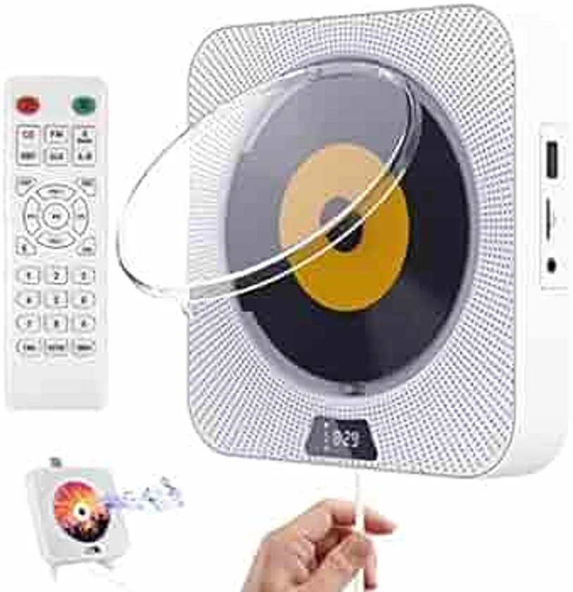 Portable CD Player with Bluetooth, Wall Mountable CD Player with Dust Cover,FM Radio,Built-in Speakers,USB Port,AUX Input,LCD Display