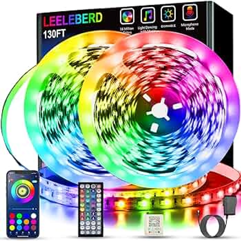 130 ft Led Lights for Bedroom,(2 Rolls of 65FT) Bluetooth Smart APP Control Color Changing RGB Led Strip Lights with Remote Control Led Lights for Room Kitchen Party Home Decoration