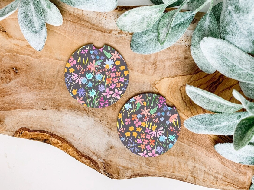 Boho Watercolor Wildflowers Set of 2 Car Coasters New Car Gift Coworker Gift Cute Car Accessory Cup Holder Coaster Birthday Gift - Etsy