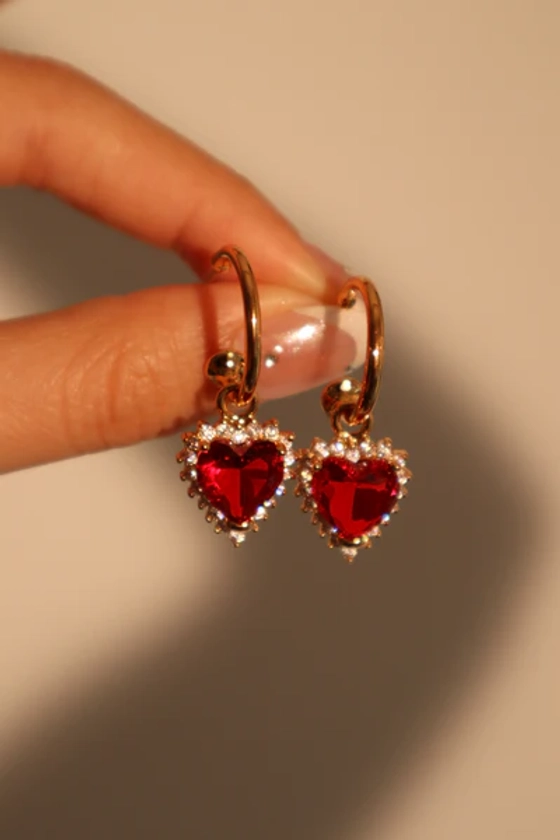 18K Real Gold Plated Red Gem Diamond Heart Earrings