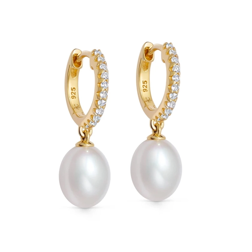 Gold Celestial White Sapphire Pearl Drop Huggie Earrings