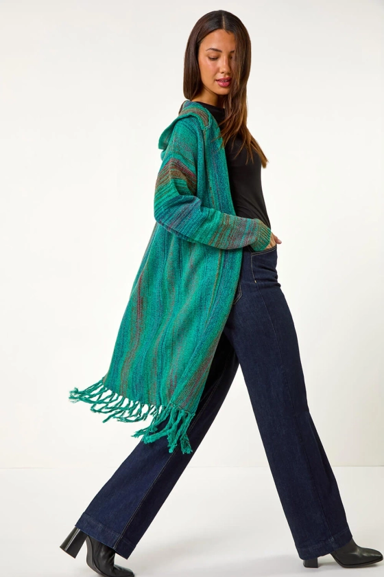 Teal Hooded Knit Longline Cardigan | Roman UK