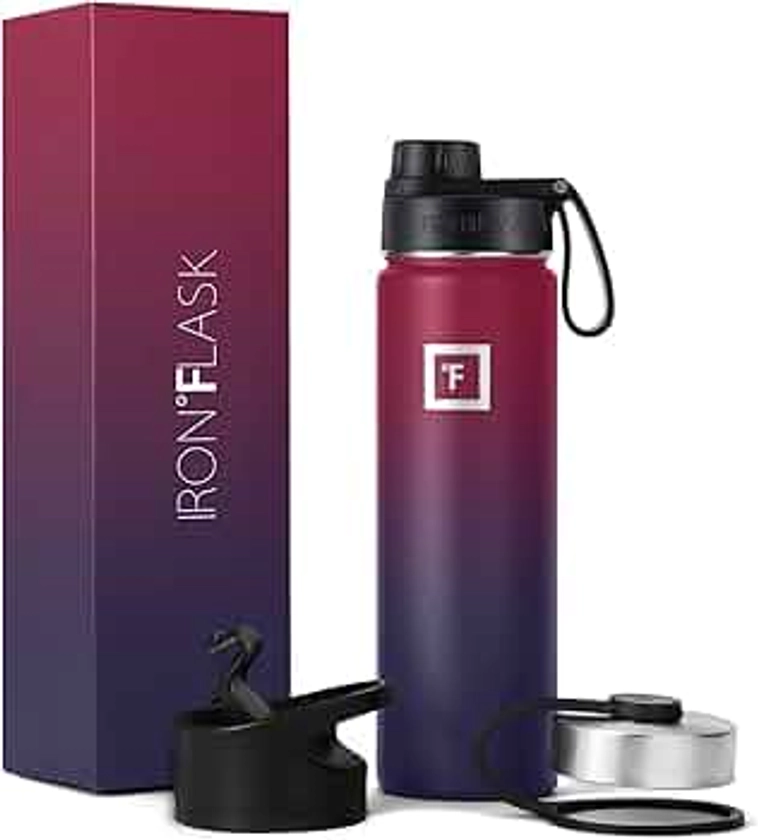 IRON °FLASK Camping & Hiking Hydration Flask, Wide Mouth, 3 Spout Lids, Stainless Steel Outdoor Water Bottle, Double Walled, Insulated Thermos, Metal Canteen - Dark Rainbow, 22 Oz