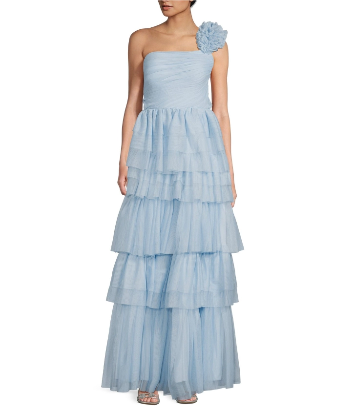 City Vibe One-Shoulder Ruffled Strap Tiered Ball Gown | Dillard's