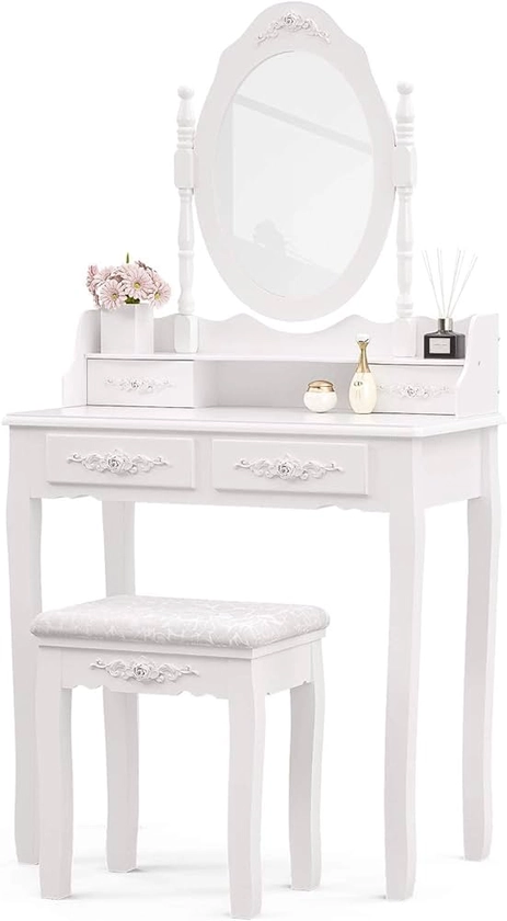 Alohappy Makeup Vanity Set with Mirror & Stool for Girls, Vanity Table and Cushioned Stool Set with 4 Drawers, Wood Dressing Table for Bedroom