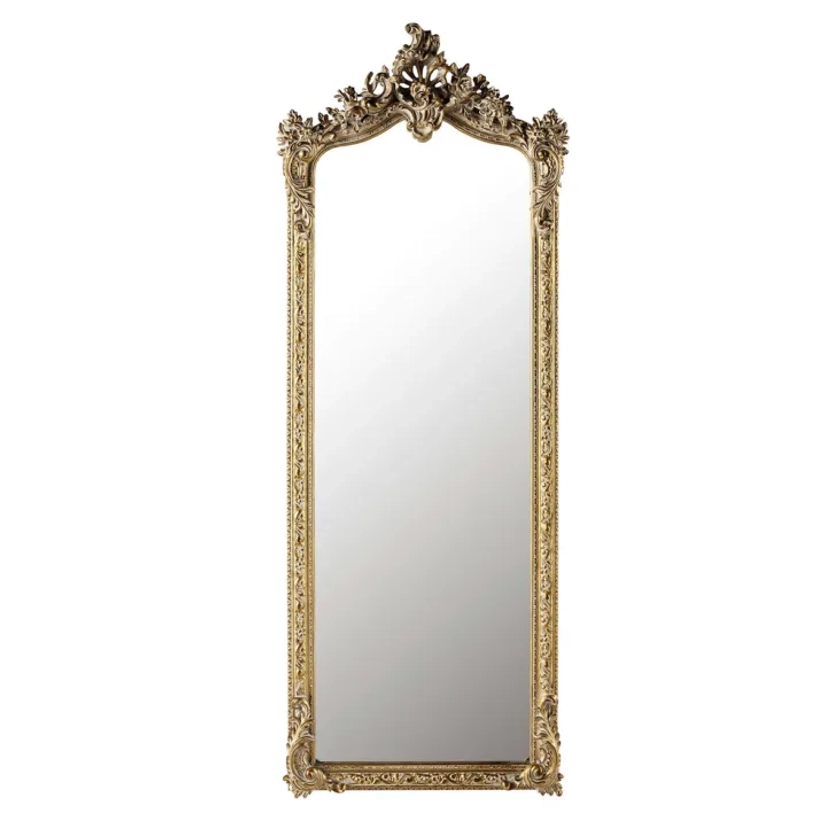 Grand miroir rectangulaire à moulures en résine dorée 64x168