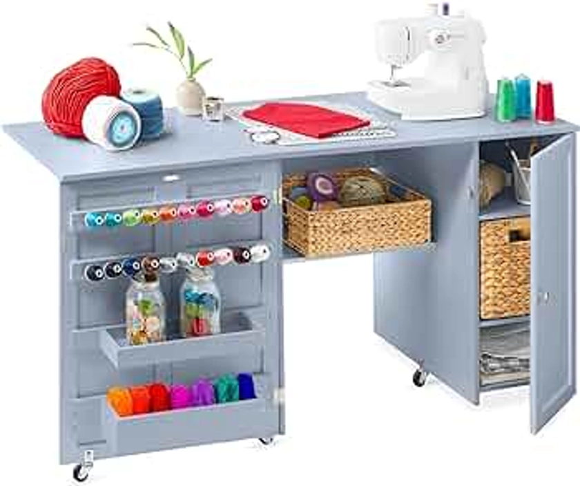 Best Choice Products Large Folding Sewing Table, Multipurpose Portable Craft Station & Side Desk w/Compact Design, Caster Wheels, Storage Shelves, 2 Storage Trays, Magnetic Doors - Light Blue