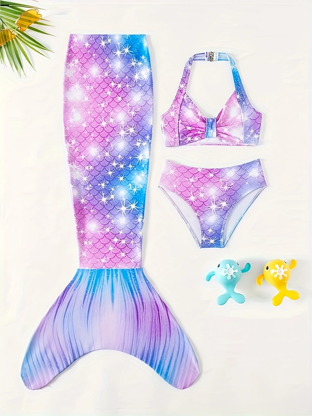 Stylish Mermaid Swimsuit Set Girls 3pcs Halter Neck Top + Briefs + Mermaid Tail Set F Or Summer Beachwear Bathing Suit