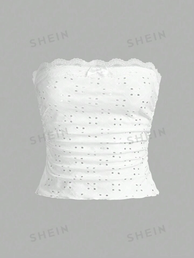 SHEIN EZwear Summer Solid Color Hollow Out Embroidery Lace Trimmed Ruched Slim Fit Cropped Tube Top