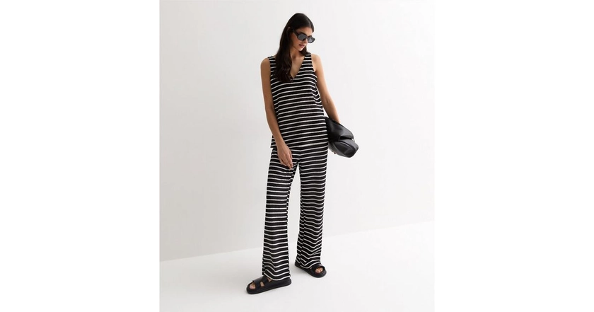 Black Stripe Ribbed Fine Knit Trousers | New Look