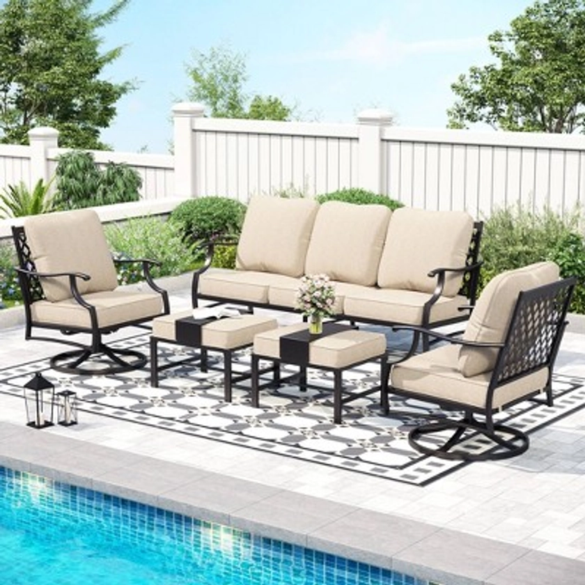 Captiva Designs 5pc XL Metal Outdoor Conversation Set with Swivel Chairs and Ottomans Beige