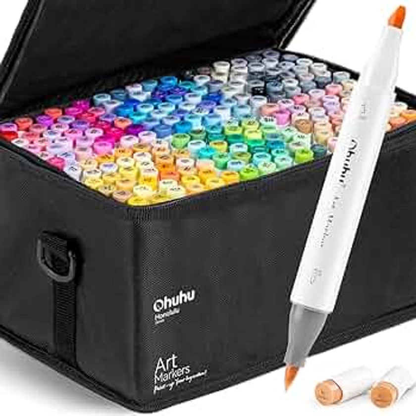 Ohuhu Brush Markers - 216-color Double Tipped Alcohol-based Art Marker Set for Artist Adults Coloring Illustration -Brush & Chisel Dual Tips - Honolulu Series of Ohuhu Markers - Refillable Ink