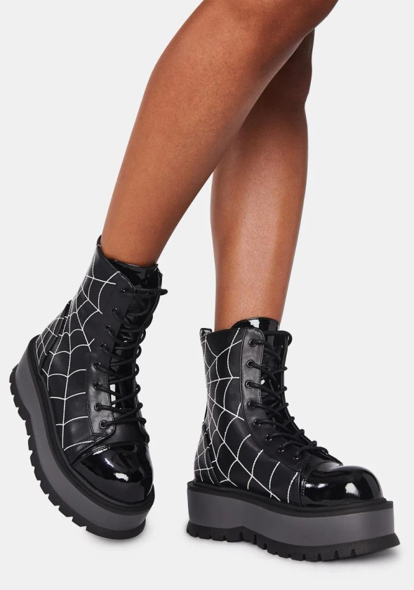 Demonia Slacker Platform Boots - 88 Black Spider Webs