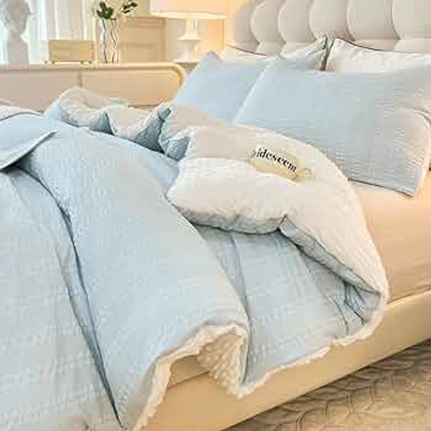 Boho Comforter Set Queen Size Striped Pleats Bohemian Seersucker Bedding Set All Season Soft Cozy 3 Pieces Quilt with 2 Pillowcases(80"X90" Light Blue)