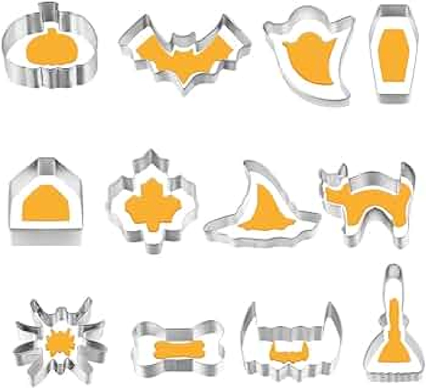 OUNONA 12pack Halloween Cookie Cutters Set, Stainless Steel Cake Cookie DIY Molds Cutters Ghost Pumpkin Cookies Cutters for Kitchen Baking Halloween Party Decorations