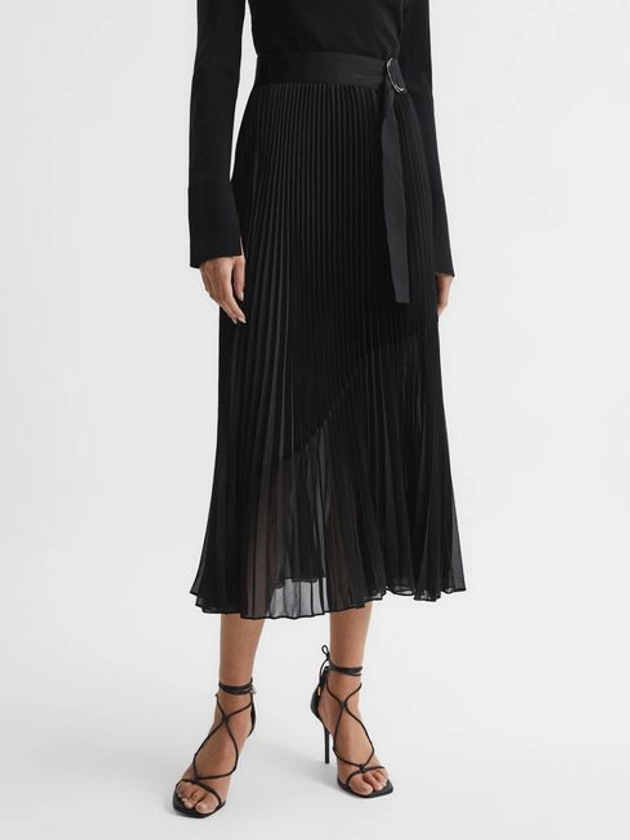 Pleated Midi Skirt in Black - REISS