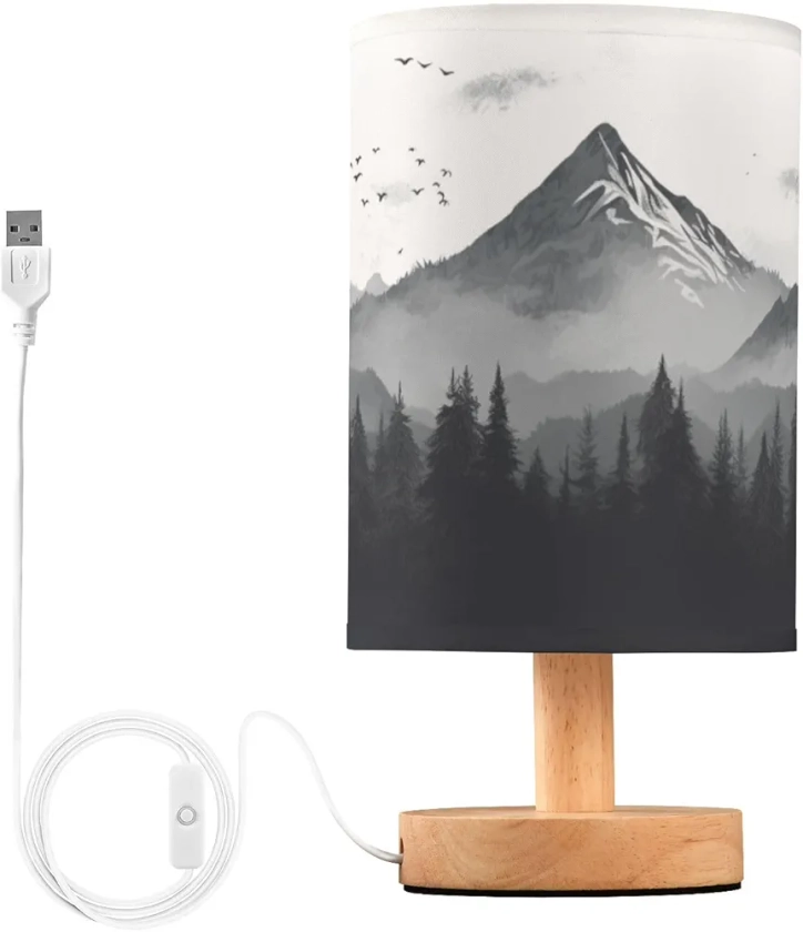 xigua Lampe de chevet paysage de montagne, lampe de chevet avec abat-jour en tissu de lin – Lampes de bureau LED en bois pour chambres, salle d'étude, maison, dortoir universitaire, bureau, E08D23010