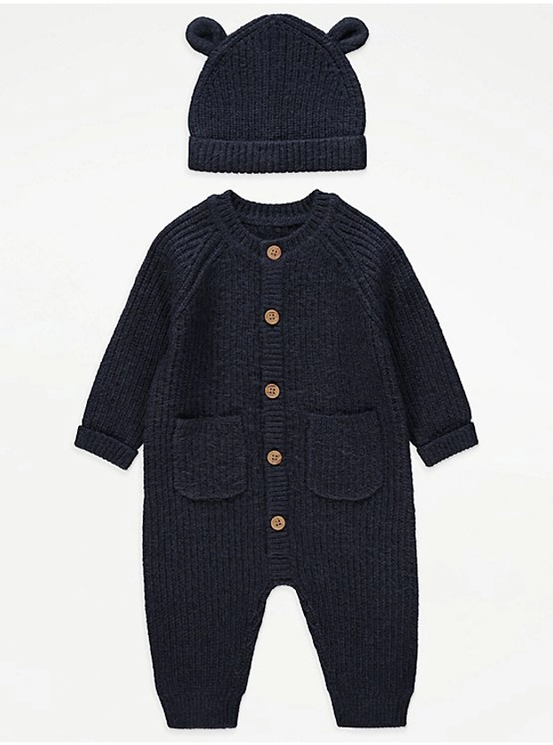 Navy Knitted All In One and Hat Outfit
