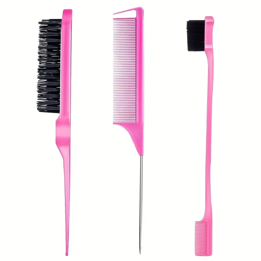 3pcs/Set Hair Styling Comb Set Teasing Hair Brush Rat Tail Comb Edge Brush For Edge & Back Brushing, Combing, Slicking Hair For Women