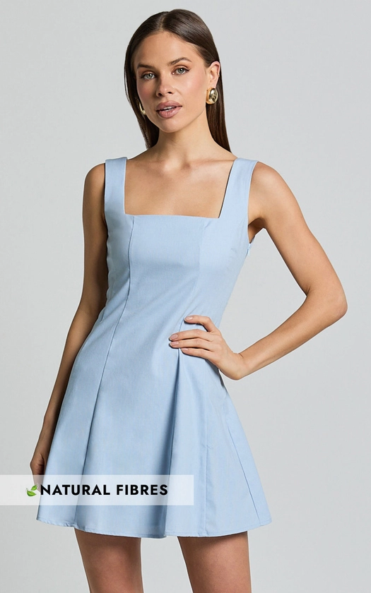 Adiana Mini Dress - Linen Look Square Neck Shirred Back A Line Dress in Pale Blue