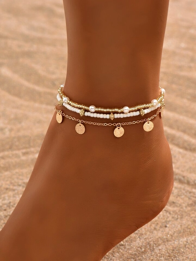 3pcs/set Simple Gold-tone Circular Pendant Tassel Beaded Anklet For Women, Suitable For Daily Wear And Vacation | SHEIN UK
