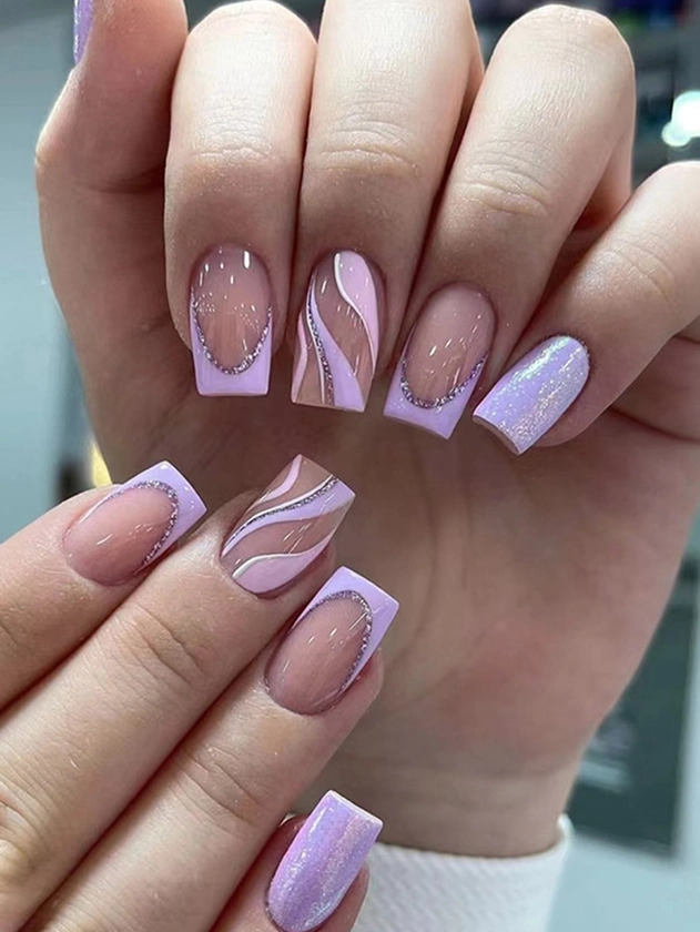 24pcs Purple Wave French Short Square False Nails For Nail Art Decoration