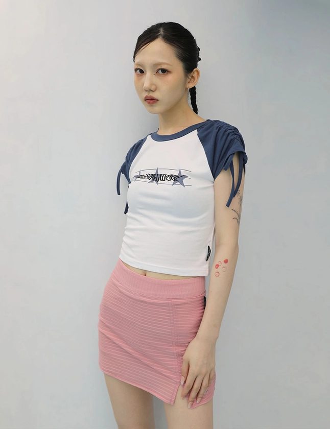 [Clearance product exchange/refundable] SHIRRING STAR CROP TOP (BLUE)