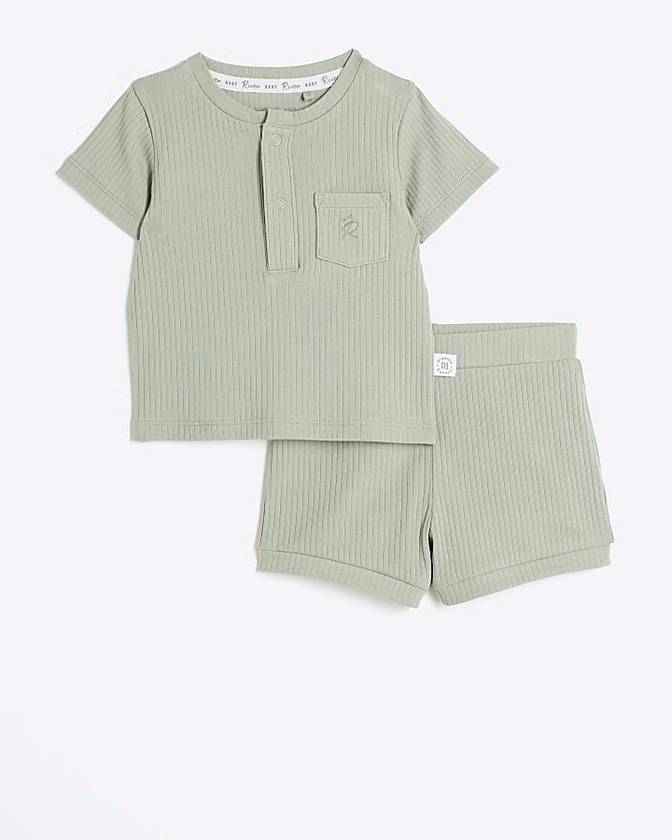 Baby boys khaki ribbed t-shirt and shorts set | River Island