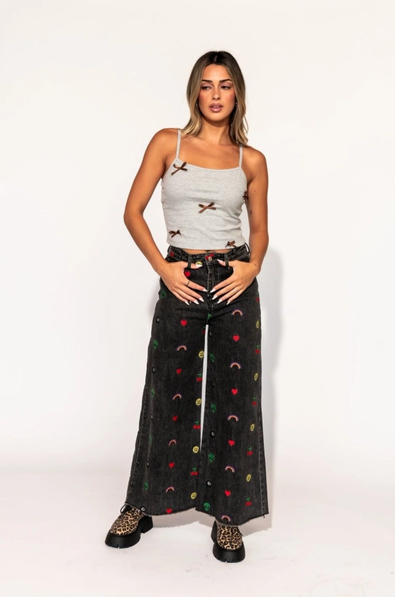 Rare Embroidered Wide Leg Denim in Happy Thoughts