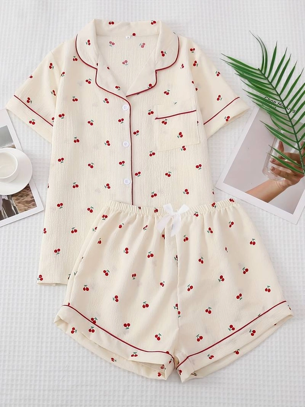 Pyjamaset met kersenprint, schattige top met reversknopen en korte broek met strik, nacht- en loungekleding voor dames