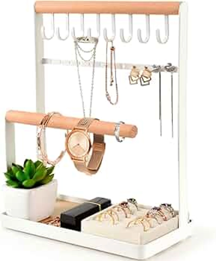 PAMANO Jewellery Stand Holder, 4-Tier Necklace Hanging Wooden Ring Organizer Earring Tray, 8 Hooks 12 Earring Holes Storage Necklaces, Bracelets, Rings and Watches on Desk Tabletop