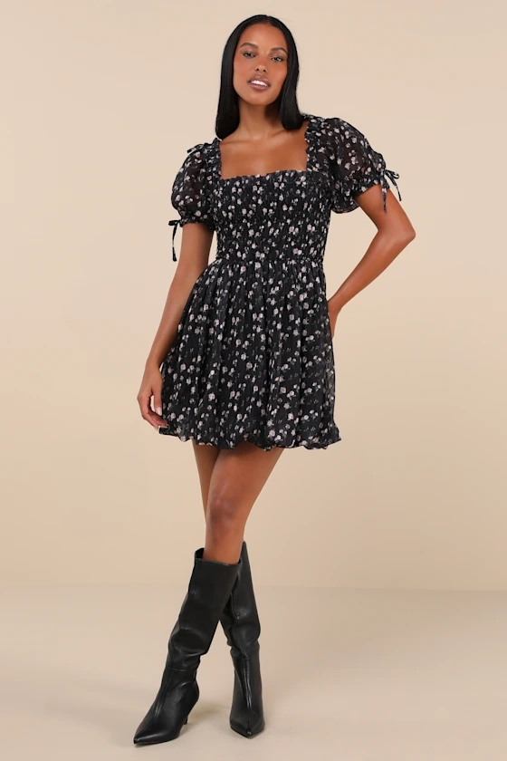 Delightful Crush Black Floral Smocked Puff Sleeve Mini Dress