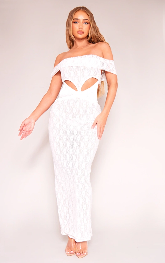 White Lace Bardot Cut Out Maxi Dress
