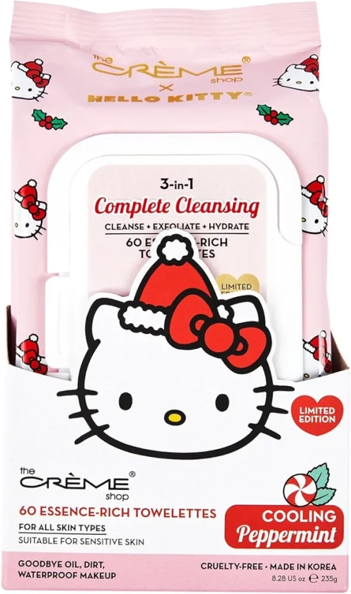 The Crème Shop x Hello Kitty 3-IN-1 Towelettes: Cooling Peppermint - Cleanse, Exfoliate, Hydrate Wipes for Face & Body - All Skin Types - Refreshing with Peppermint & Allantoin