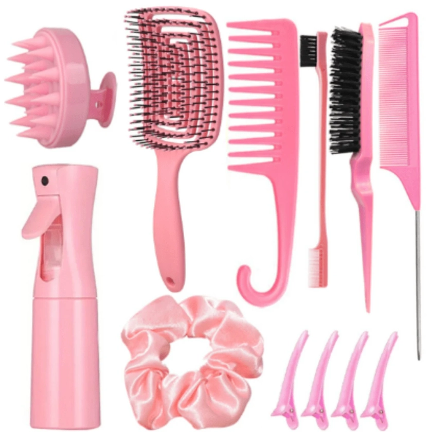 Hair Comb Set Including Tail Comb, Rat Tail Comb, Edge Brush, Hair Brush, High Pressure Water Bottle, Hair Clips, Hair Ties, Wide Tooth Comb | SHEIN UK