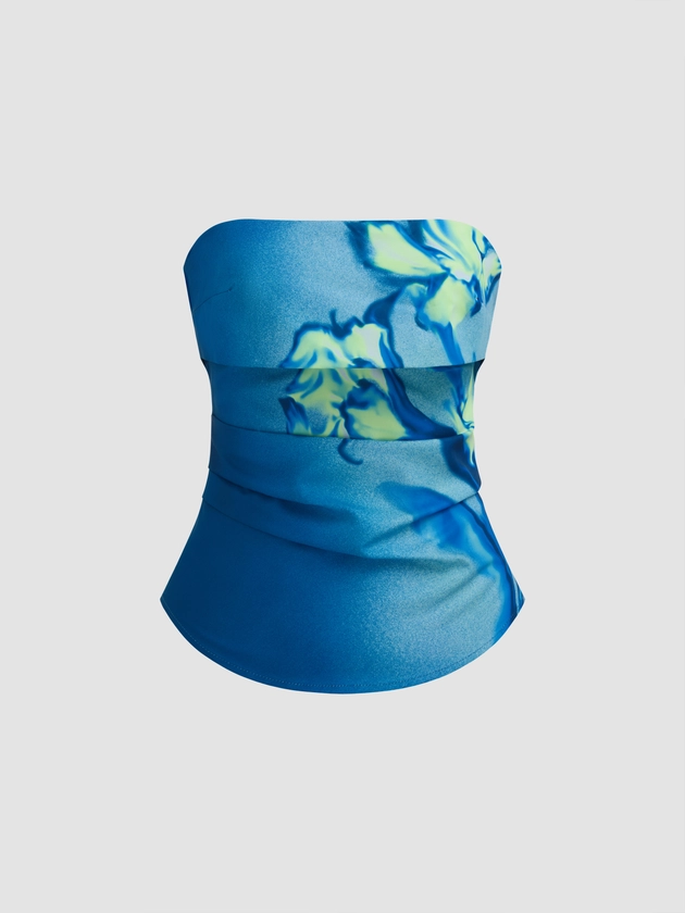 Floral Gradient Ruched Zipper Tube Top For Date Exhibition