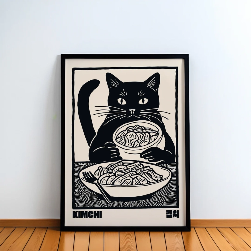 Kimchi Cat Poster - Unique Black and White Korean Cuisine Inspired Art, Handcrafted Wall Decor for Cat and Food Lovers, Perfect Gift