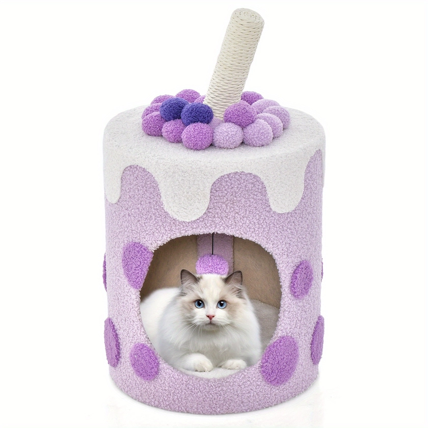 * Bubble Tea Cat Tree Tower with Scratching Post Dangling Ball Toy Purple White