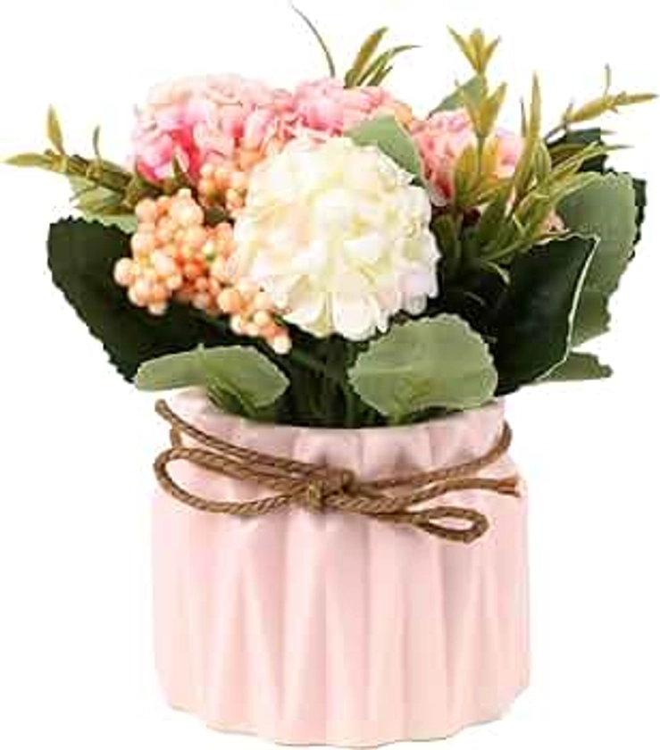 Artificial Hydrangea Bouquet with Small Ceramic Vase Fake Silk Variety Flower Balls Flowers Decoration for Table Home Party Office Wedding (Pink)