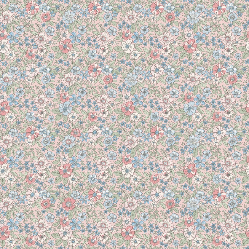 Ditsy Gardenia Wallpaper in Soft Blue and Sage on Soft Pink